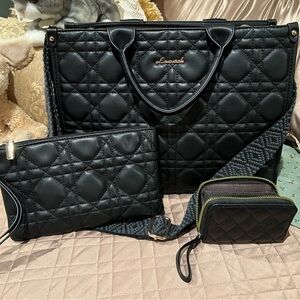 Black Quilted Women's Faux Leather Quilted Tote Set